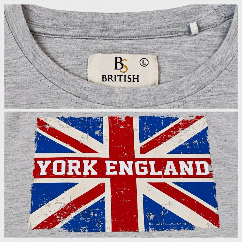 British Gray Short Sleeve Crew Neck T-Shirt Mens L York England Union Jack Flag
